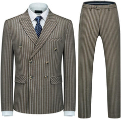 Stylish Coffee Double Breasted Peak Lapel Striped Business Suit for Men