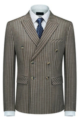 Stylish Coffee Double Breasted Peak Lapel Striped Business Suit for Men
