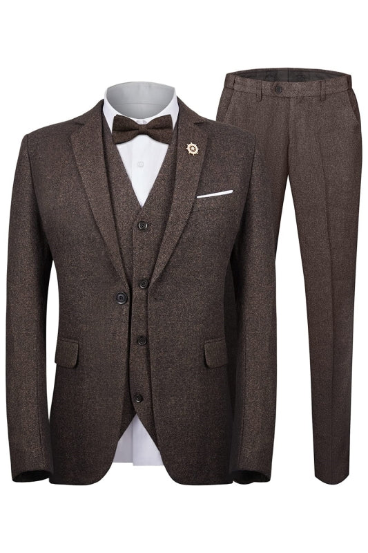 Dapper Coffee Notched Lapel Three-Piece Business Suit