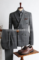 Mason New Arrival Gray Striped Peak Lapel Double Breasted Business Men’s Suits
