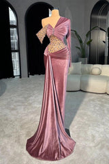 Mauve One Shoulder Long Sleeve Mermaid Sequined Velvet Floor Length Evening Dress