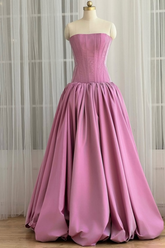 Mauve Strapless Sleeveless Corset Pleated Satin Ball Gown Floor Length Formal Evening Gown