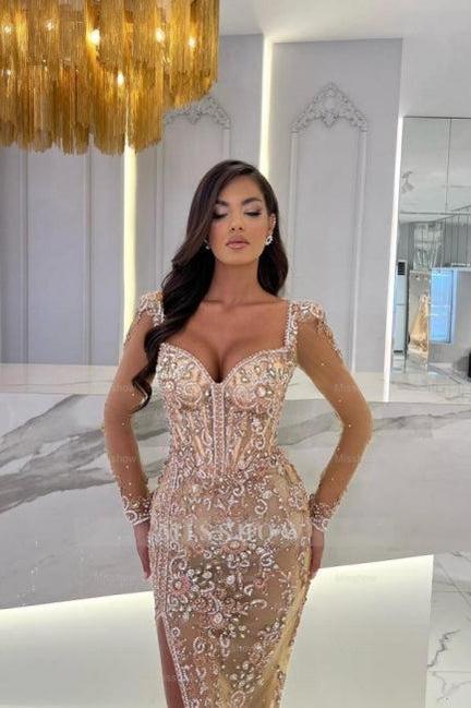 Mermaid Champagne Split Front Sweetheart Straps Prom Evening Dresses with Beadings