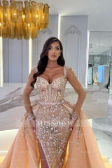 Mermaid Champagne Split Front Sweetheart Straps Prom Evening Dresses with Beadings