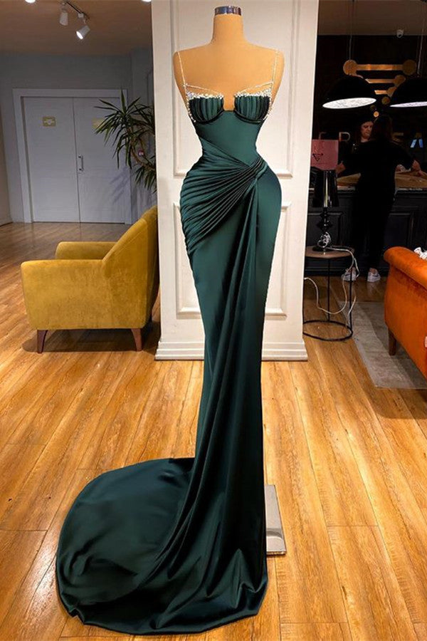 Mermaid Dark Green Spaghetti Strap Sleeveless Long Formal Dress With Beadings