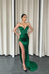 Mermaid Dark Green Sweetheart Sleeveless Pleated Long Formal Dress With Split