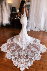 Mermaid Fabulous Floor-Length Stain V-Neck Sleeveless Lace Wedding Dresses with Appliques