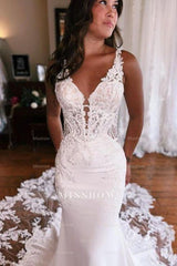 Mermaid Fabulous Floor-Length Stain V-Neck Sleeveless Lace Wedding Dresses with Appliques