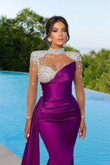 Mermaid Floor-Length High Neck Long Sleeves Beadings Stain Prom Evening Dresses with Ruffles