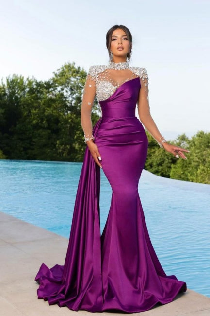 Mermaid Floor-Length High Neck Long Sleeves Beadings Stain Prom Evening Dresses with Ruffles