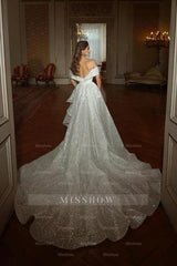 Mermaid Floor-Length Off-The-Shoulder V-Neck Sleeveless A-Line Sequins Wedding Dresses with Ruffles