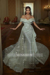 Mermaid Floor-Length Off-The-Shoulder V-Neck Sleeveless A-Line Sequins Wedding Dresses with Ruffles