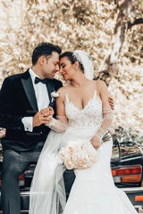 Mermaid Floor-Length Sweetheart Appliques Stain Spaghetti Straps Sleeveless Wedding Dresses with Lace