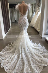 Mermaid Lace Crystals Necklace Wedding Dress Bridal Wears with Feather