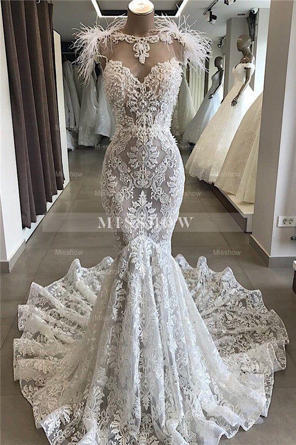 Mermaid Lace Crystals Necklace Wedding Dress Bridal Wears with Feather
