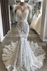 Mermaid Lace Crystals Necklace Wedding Dress Bridal Wears with Feather