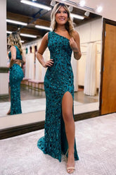 Mermaid One Shoulder Long Prom Dress in Sparkly Peacock Blue with Sequins and Slit