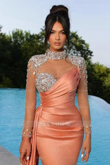 Mermaid Orange Floor-Length High Neck Sweetheart Long Sleeve Prom Evening Dresses with Beadings