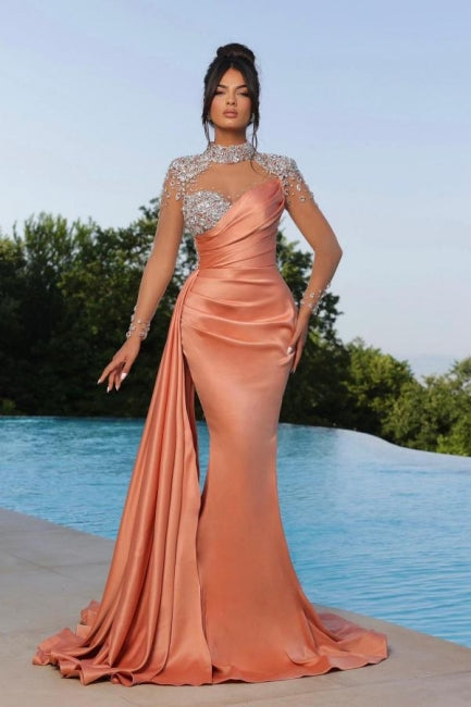 Mermaid Orange Floor-Length High Neck Sweetheart Long Sleeve Prom Evening Dresses with Beadings