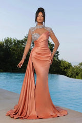 Mermaid Orange Floor-Length High Neck Sweetheart Long Sleeve Prom Evening Dresses with Beadings
