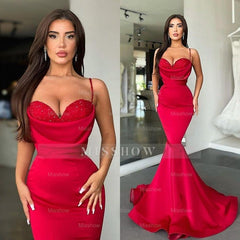 Mermaid Red Spaghetti Strap Sleeveless Sweetheart Formal Dress With Sequins