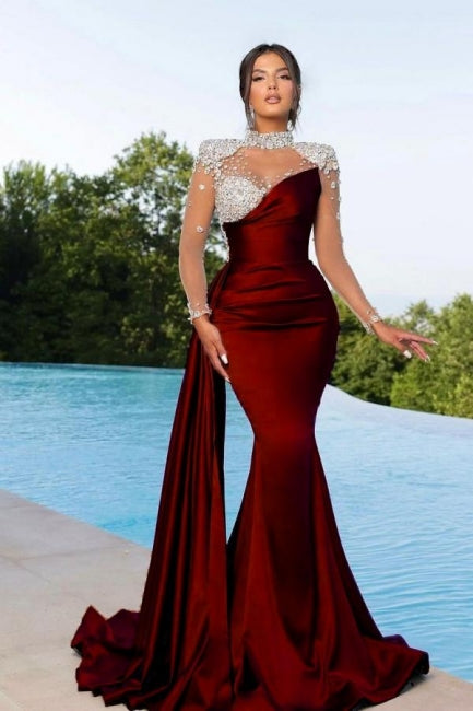 Mermaid Silver Beaded Burgundy Mermaid Prom Evening Dresses