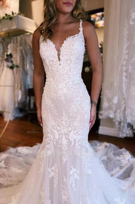 Mermaid Sweetheart Floor-Length Straps Sleeveless Tulle Wedding Dress with Appliques