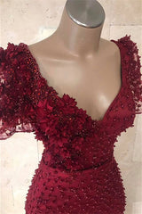 Mermaid V-neck Long Burgundy Appliques Evening Dress with Sleeves