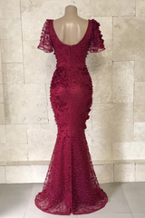 Mermaid V-neck Long Burgundy Appliques Evening Dress with Sleeves