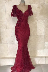 Mermaid V-neck Long Burgundy Appliques Evening Dress with Sleeves
