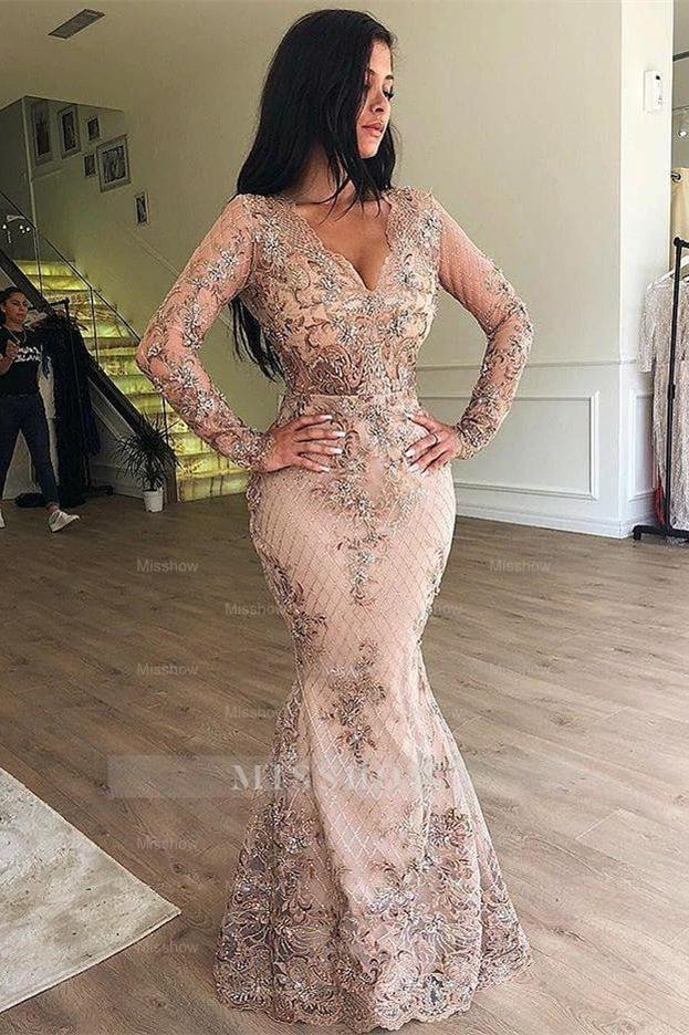 Mermaid V-neck Long Sleeves Appliqued Prom Evening Dresses with Detachable Skirt