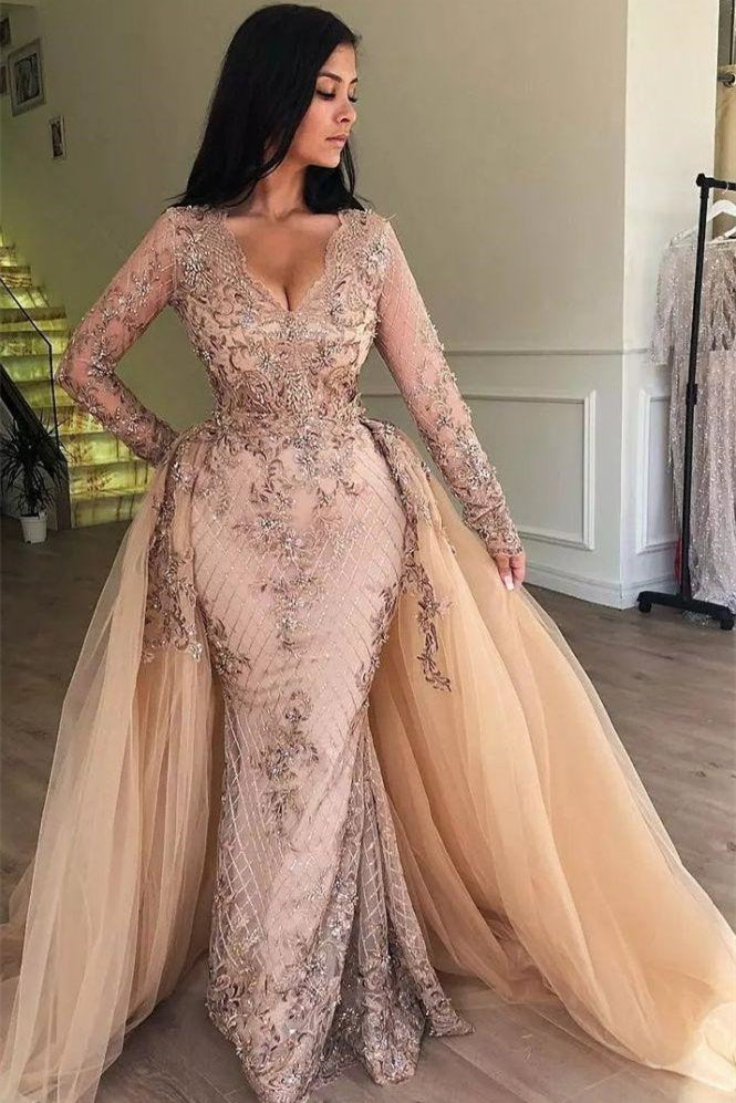 Mermaid V-neck Long Sleeves Appliqued Prom Evening Dresses with Detachable Skirt
