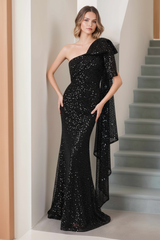 Mermaid/Trumpet One-Shoulder Sleeveless Floor-Length Long Mother of the Bride Dresses with Bow & Side Ruffle