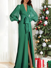 Mermaid/Trumpet Sweep/Brush Train Long Sleeve V Neck Mother of the Bride Dress Elastic Chiffon with Slit Strappy
