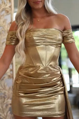 Metallic Gold Tight Ruched Short Corset Homecoming Dress with Side Cape