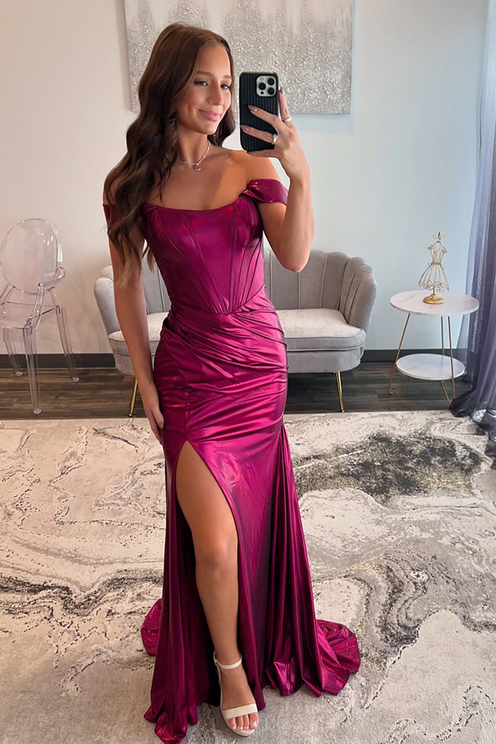 Metallic Long Mermaid Prom Dress in Hot Pink with Off-Shoulder Design Metallic Long Mermaid Prom Dress in Hot Pink with Off-Shoulder Design