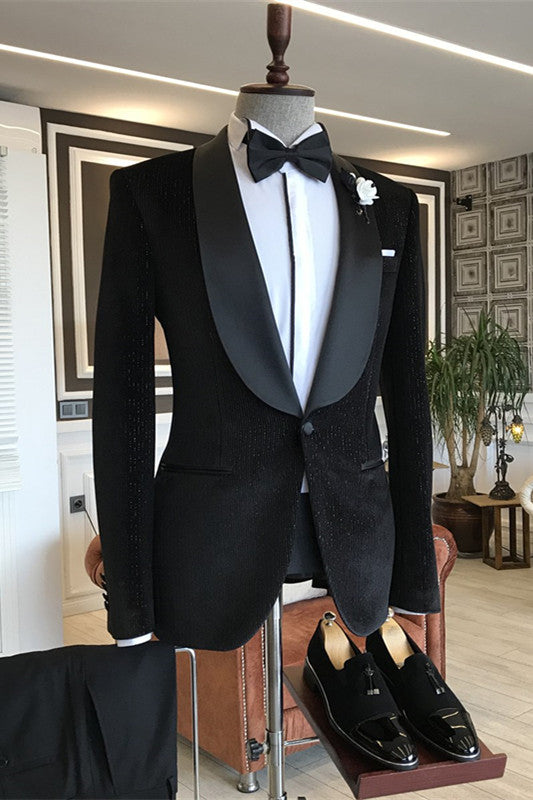 Minimalist Black Corduroy Shawl Collar Two-Piece Wedding Suit