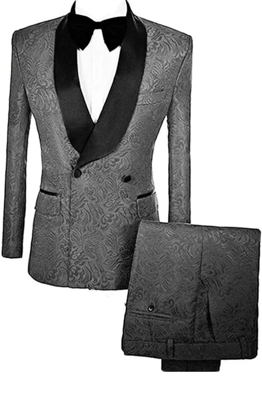 Minimalist Grey Double Breasted Jacquard Groom's Suit with Velvet Lapel