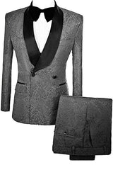 Minimalist Grey Double Breasted Jacquard Groom's Suit with Velvet Lapel