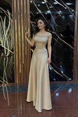 Minimalist Long A-line Off-The-Shoulder Sleeveless Formal Dress with Rhinestones
