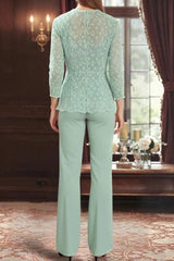 Mint Green Lace Sequin Mother of the Bride Pant Suit Three Piece 3/4 Sleeve Jacket Square Neck Top Wide Leg Trousers