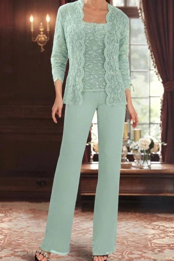 Mint Green Lace Sequin Mother of the Bride Pant Suit Three Piece 3/4 Sleeve Jacket Square Neck Top Wide Leg Trousers