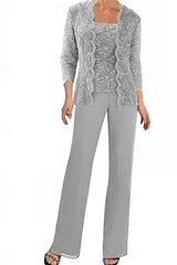 Mint Green Lace Sequin Mother of the Bride Pant Suit Three Piece 3/4 Sleeve Jacket Square Neck Top Wide Leg Trousers