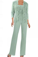 Mint Green Lace Sequin Mother of the Bride Pant Suit Three Piece 3/4 Sleeve Jacket Square Neck Top Wide Leg Trousers
