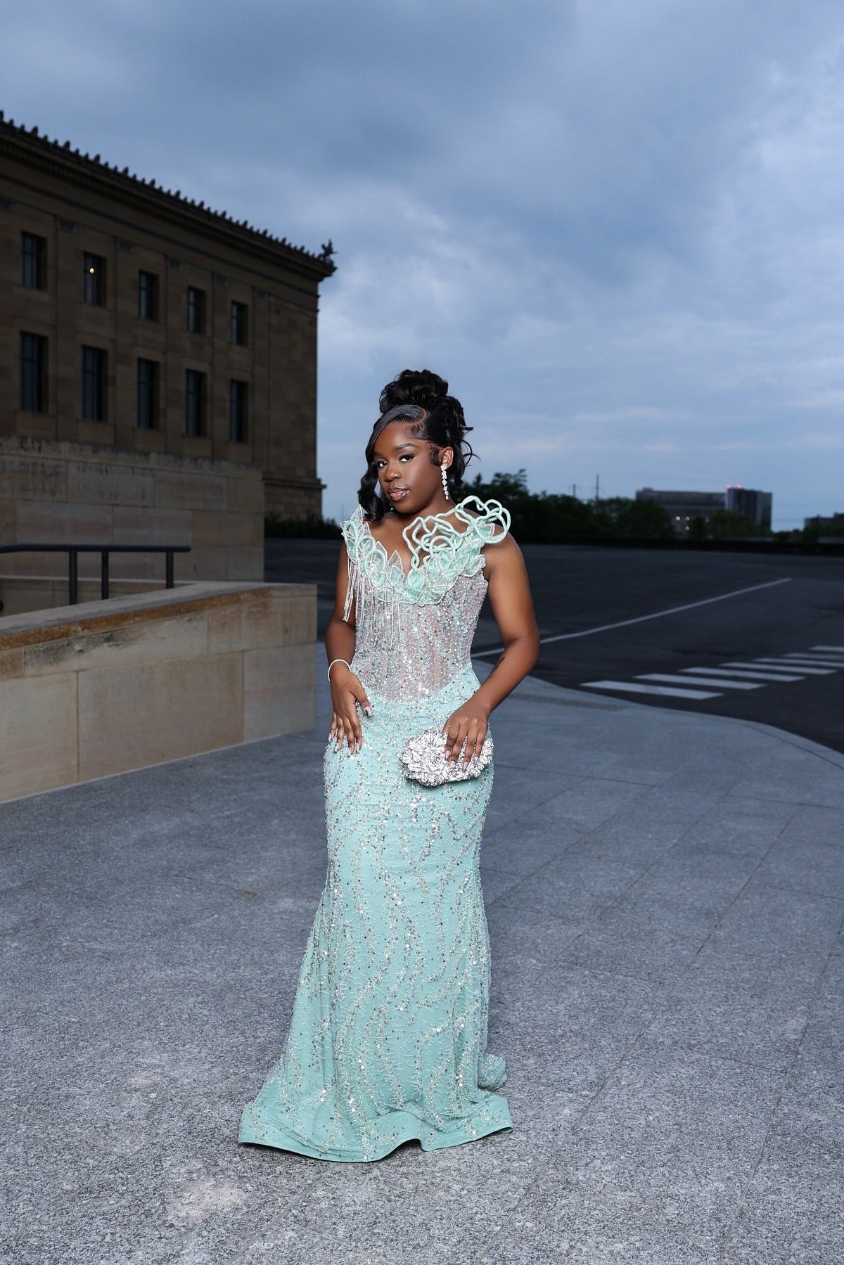 mint green mesh dress Mint Green Mermaid Prom Dress 3D Sculptural Rose Floral Collar Illusion  Boned Corset Crystal Fringe