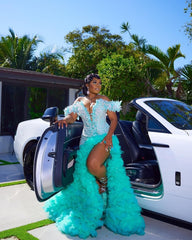 Mint Green Mermaid Prom Dress Off Shoulder Deep V 3D Floral Leaf Applique Pearl Crystal Beaded Bodice Oversized Ruffle Cap Sleeve Voluminous Tulle Ruffle Hi-Lo Skirt Gown