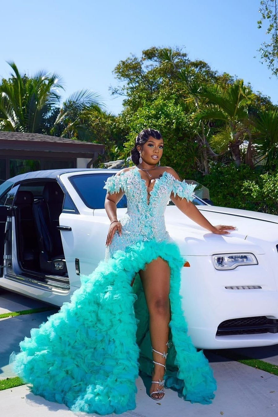 Mint Green Mermaid Prom Dress Off Shoulder Deep V 3D Floral Leaf Applique Pearl Crystal Beaded Bodice Oversized Ruffle Cap Sleeve Voluminous Tulle Ruffle Hi-Lo Skirt Gown