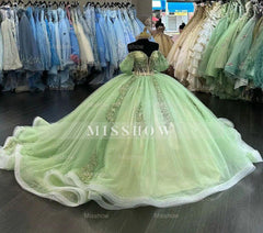 Mint Green Off-Shoulder Short Sleeve Beaded Applique Ruffles Ball Gown Quinceanera Dress