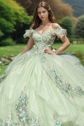 Mint Green Off-Shoulder Sleeveless Floral Applique Lace-Up Bow Ball Gown Quinceanera Dress