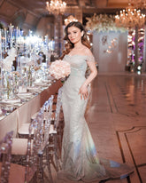 Mint Green Off-the-shoulder Sleeveless Mermaid Sequined Beaded Floor Formal Evening Gown
